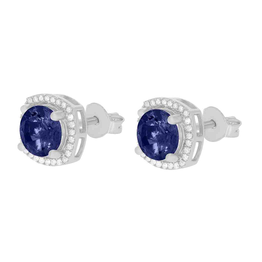 Round Blue Shapphire with a Halo Earring PD31345AER BLUE SHAPPHIRE